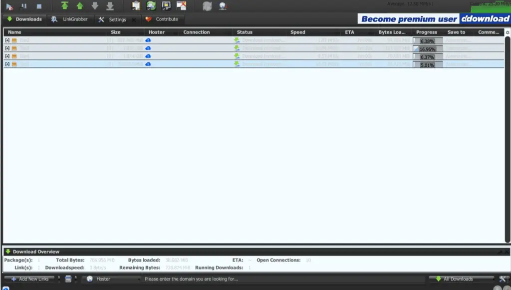 JDownloader 2での4ファイル並列ダウンロード25.30MiB/s