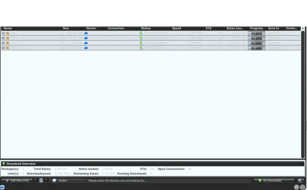 JDownloader 2での4ファイル同時ダウンロード31.832MiB/s